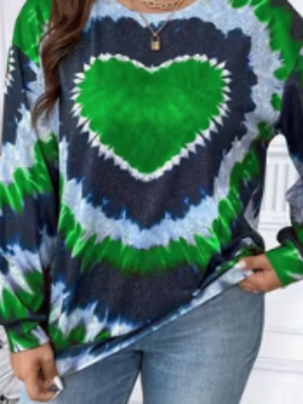 Plus Size Heart Print T-Shirt, Casual Crew Neck Long Sleeve T-Shirt